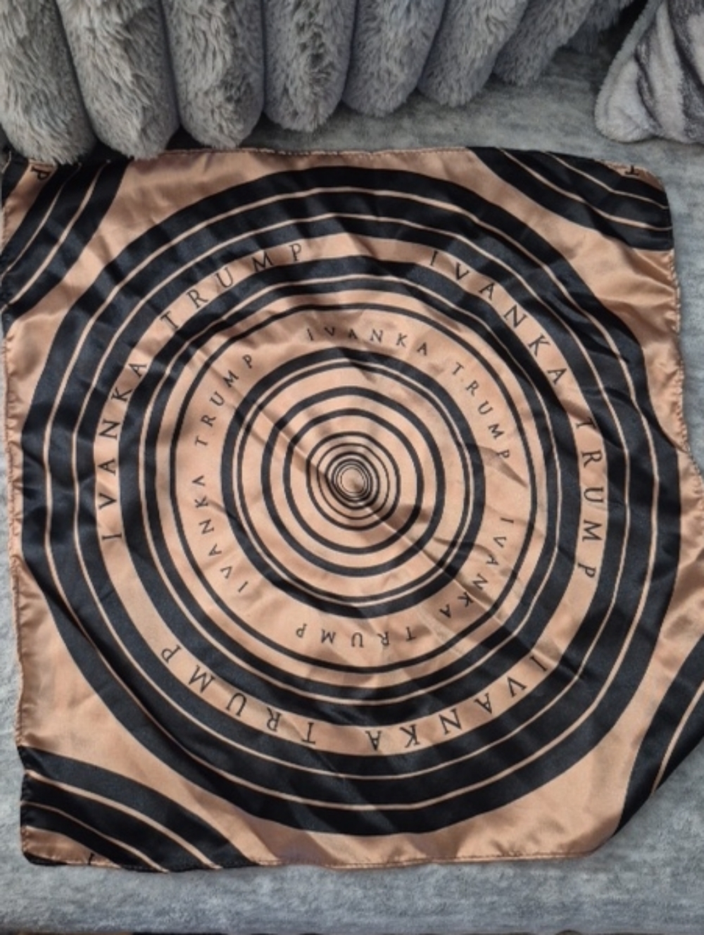 Ivanka Trump Black and Tan Concentric Circle Silk Scarf